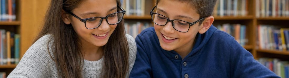 A smiling girl and boy with glasses reading a book together at a library table, bookshelves behind