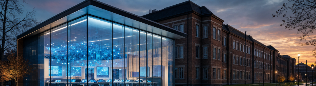 AI in charter schools: a small glass-walled school glows like an innovation lab full of AI light in front of a dim traditional brick school building at dusk