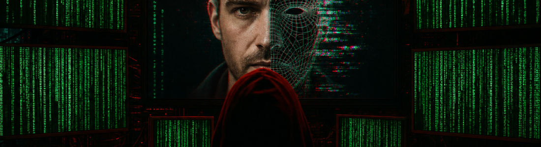 A hooded figure facing hacking screens where a face is being forged into a glitching wireframe mask under red alarm light