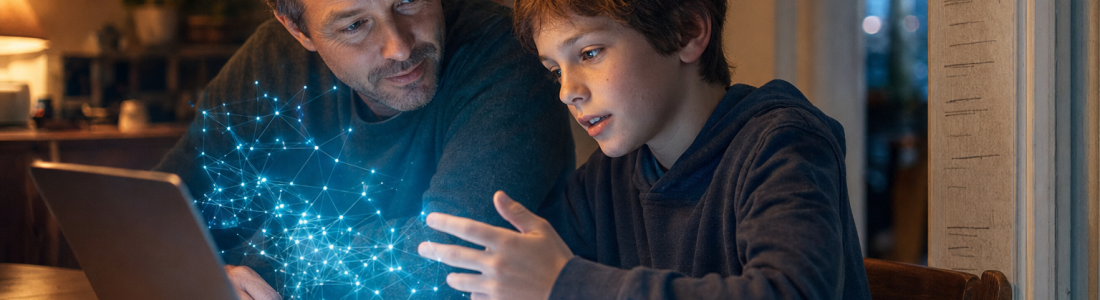 A father and son look at homework at the kitchen table as AI light rises from the laptop, growth marks on the door frame