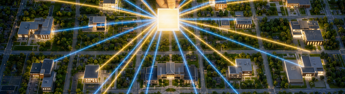 AI policy in education and equity: a top-down view of a model school district where one glowing policy sends equal beams of light to every school