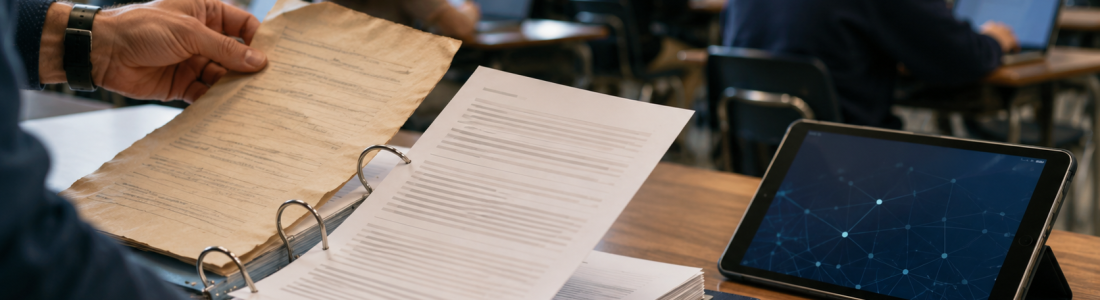 Person’s hands flip through a binder with loose papers on a wooden desk in a classroom, with a tablet showing a blue network pattern nearby.