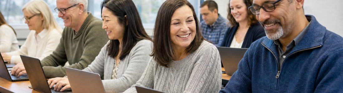 Smiling adults of mixed ages working on laptops at a long table in a bright training room