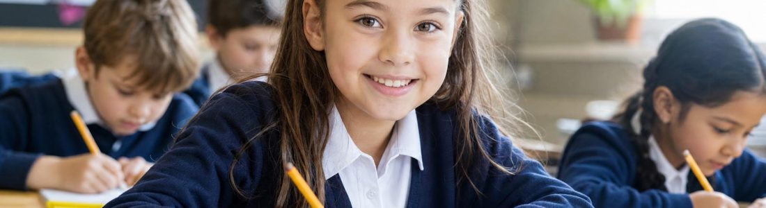 Young schoolchildren writing in notebooks at classroom desks, a girl in front smiling, soft window light