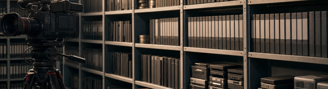 Media archive room with shelves of video tapes and film reels and a video camera on a tripod, representing archived education conference videos