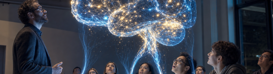 AI news for schools and colleges: a teacher and students at laptops look up at a glowing digital brain whose light streams down into their screens