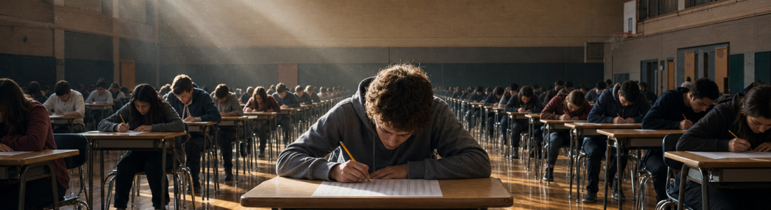 A high school student fills in answer bubbles at a single desk in a gymnasium set up for a standardized test, rows of students behind