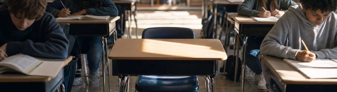 A single empty desk lit by sunlight in the middle of a full classroom of students working