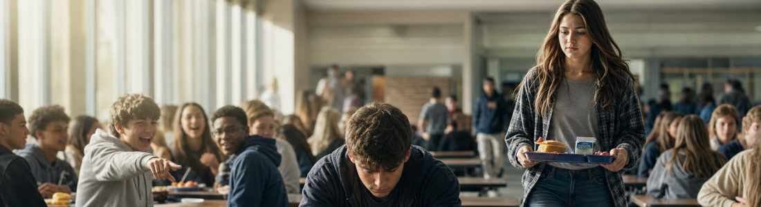 A student eats alone in a school cafeteria while a group laughs and points, and a classmate walks over with her lunch tray to sit with him