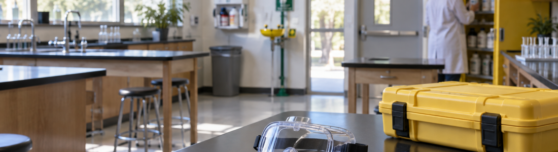 Lab bench in a science classroom with safety goggles, blue gloves, and a yellow tool case in the foreground, and a person in a lab coat near a yellow cabinet in the background.