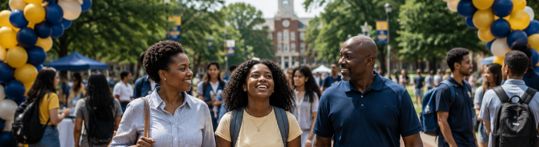 Three students smile and walk under a large gold-lettered 'WELCOME' balloon arch on a campus walkway.