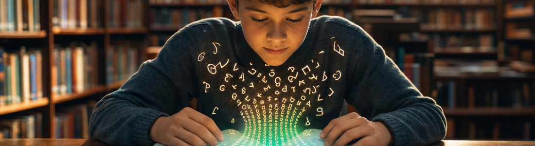 Dyslexia in schools, signs, support and reading: a student reads alone in a library as jumbled floating letters untangle into neat rows above his book