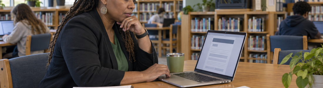 Woman with braided hair sits at a library table, studying on a laptop with printed charts and a green mug nearby.