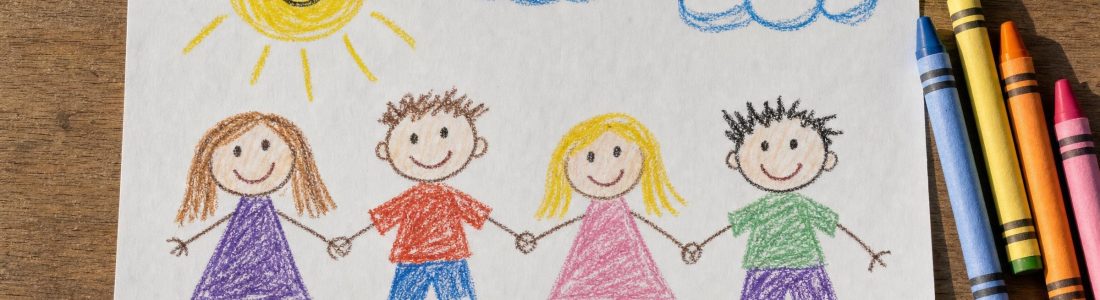 A child's crayon drawing on white paper showing four smiling stick-figure children holding hands under a sun and blue clouds, crayons lying beside it, bright da