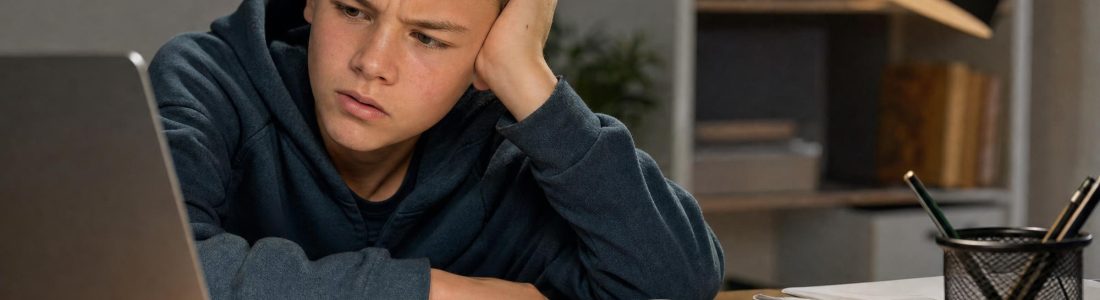 A puzzled teenage student resting his head on his hand at a laptop, an open book and scattered alphabet letter cards on the desk, warm lamp light