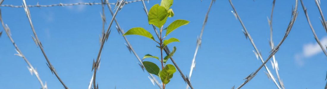 A small green sapling growing upward between coils of razor wire on top of a wall, deep blue sky behind, bright daylight