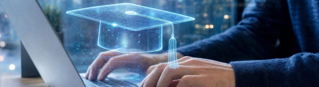 Hands typing on a laptop at a desk with a translucent glowing graduation cap hologram floating above the keyboard and a city skyline softly reflected behind, co