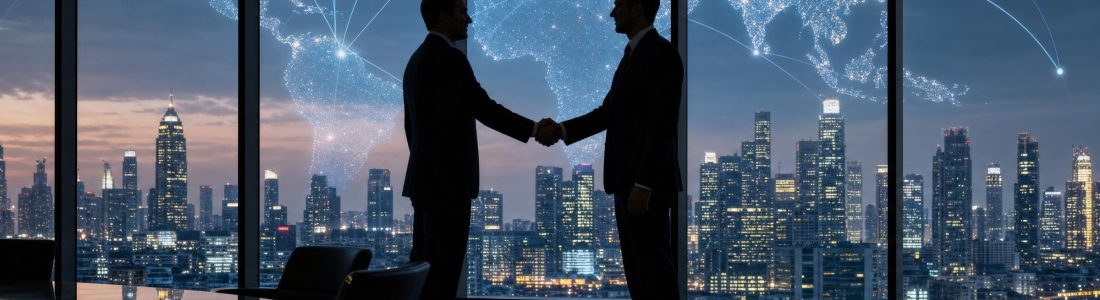 Two business people shaking hands in silhouette against a large window, with a glowing world map and connected network lines projected across the glass, cool bl