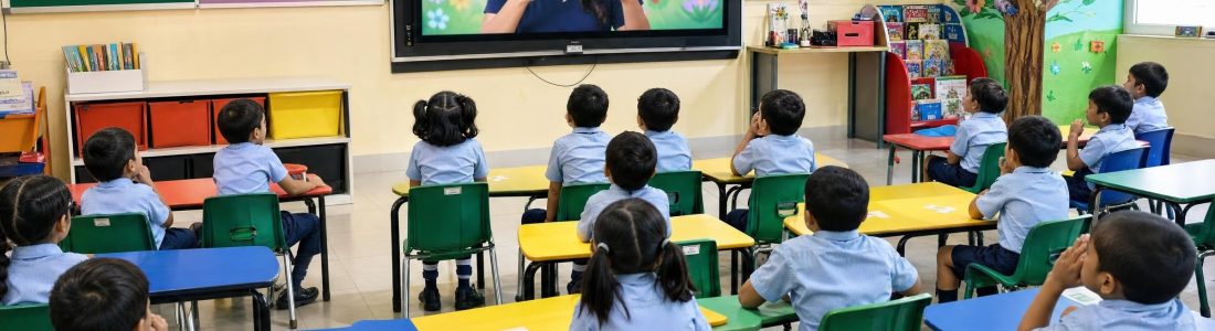 Young uniformed children seated at small tables in a colorful classroom watching a teacher on a large screen at the front, bright daylight
