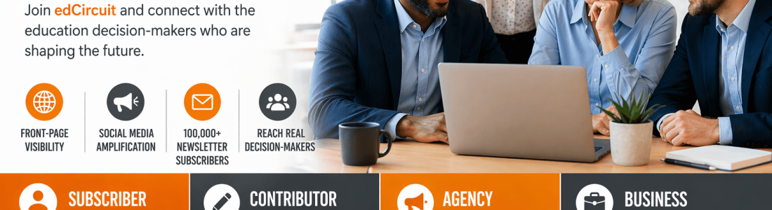Four professionals gather around a laptop, smiling, with edCircuit branding and informational text about engaging with education decision-makers through various roles on the edCircuit platform.