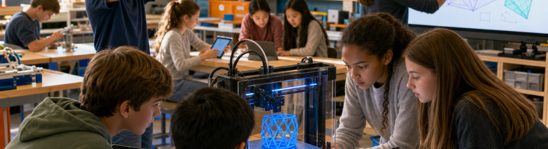 EdTech news, classroom technology for schools: students build with a 3D printer, explore in a VR headset and work on tablets while a teacher sketches on a touch screen