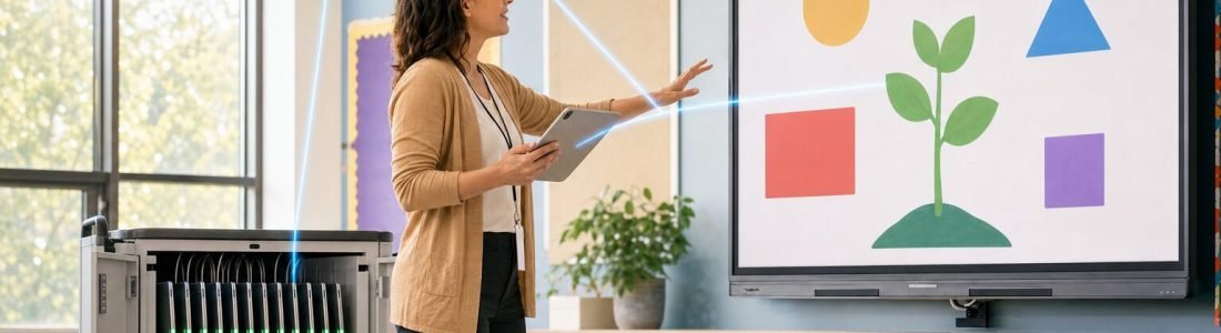 A teacher sends a lesson from her tablet to a classroom display, linked by lines of light to a laptop charging cart and a ceiling Wi-Fi access point