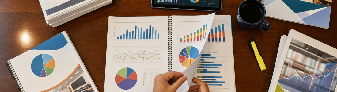 Education industry guides and reports: an analyst turns the page of a spiral-bound report full of bar, pie and trend charts among other market guides
