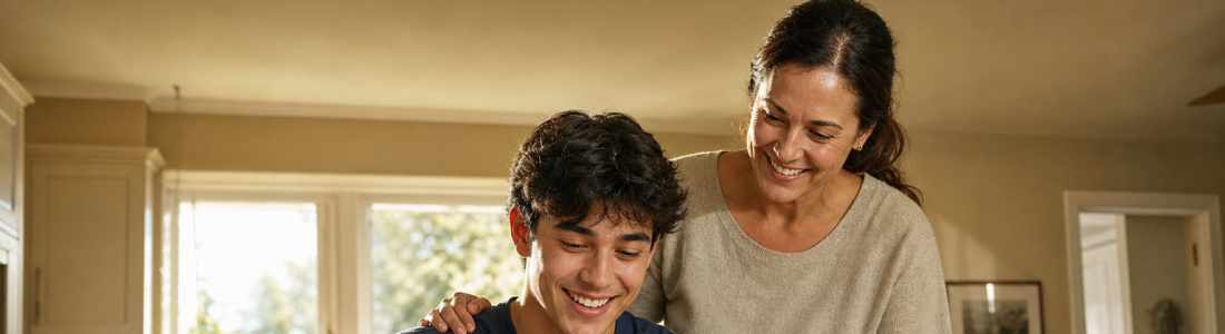 FAFSA and financial aid: a student smiles reading his financial aid award letter at the kitchen table as his mother leans in with a hand on his shoulder
