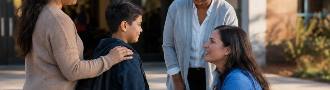 Woman kneels to speak with a smiling boy while two adults stand nearby outside a school building outside a campus setting.