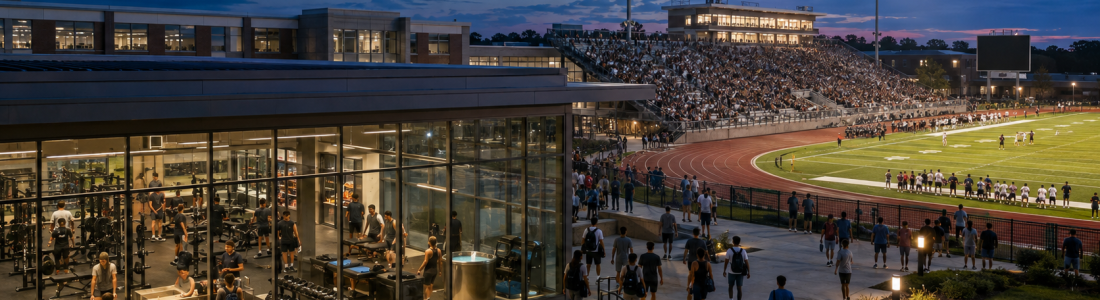 Evening view of a glass-walled gym with people working out, next to a crowded football stadium under bright lights.