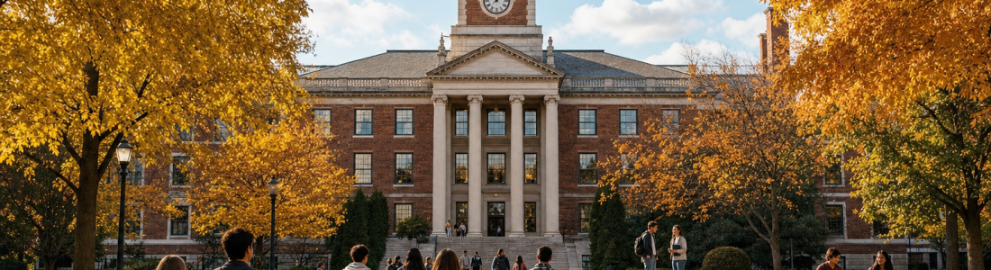 Higher education news: college students walk across an autumn campus quad toward a red-brick university hall with a clock tower