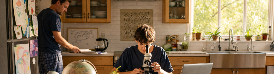 A teenager looks through a microscope at the kitchen table among books, a globe and a jar of pond water while a parent prepares the next lesson at the counter