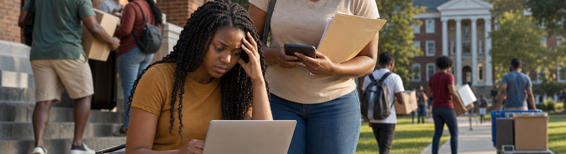 Howard University students: a worried first-year checks her college account on move-in day as her mother holds aid papers