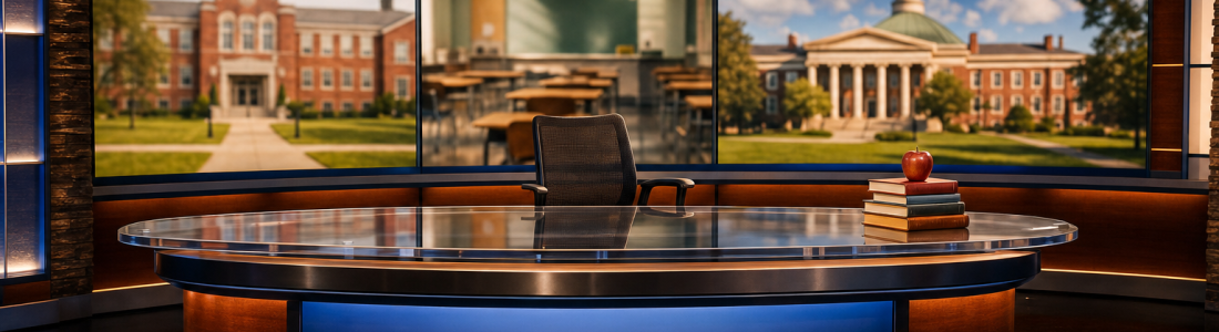The InformED Report education news briefings: a news studio desk before screens showing a school, a classroom and a college campus