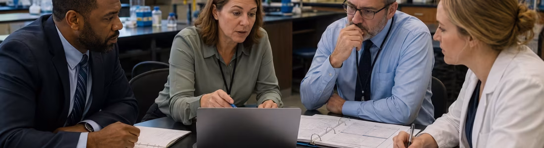 Four professionals in a lab discuss documents around a table with a laptop and charts in a well-lit science lab.
