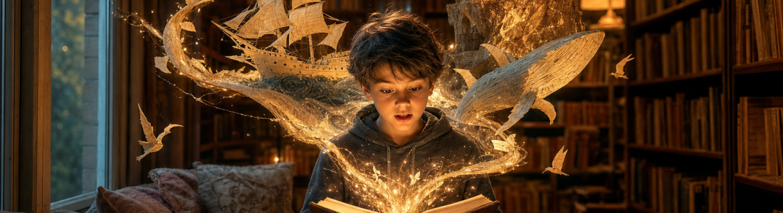 A young reader in a library window seat watches a story rise from an open book as golden light: a sailing ship, a whale, a castle, a hot air balloon and birds
