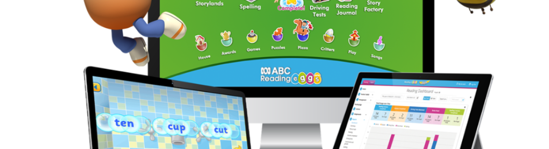 Educational software for kids shown on desktop monitor, laptop, and tablet with playful characters and colorful icons.