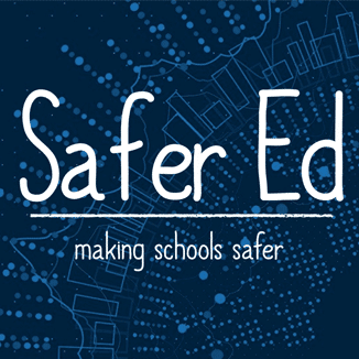 Logo with the words Safer Ed above a line, and making schools safer below, on a blue background with abstract dotted and lined patterns.