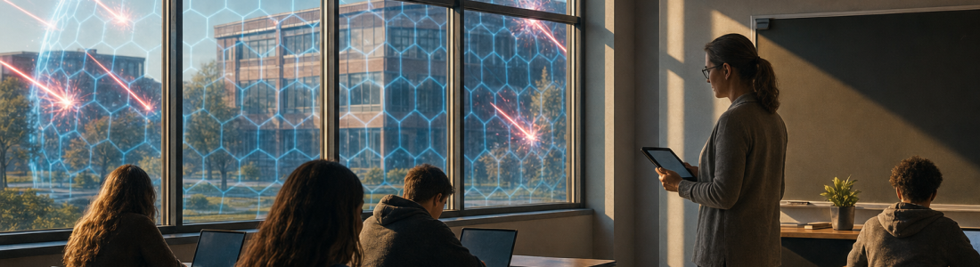 School cybersecurity: a teacher takes attendance in a calm classroom while a glowing firewall outside the windows deflects red cyber attacks