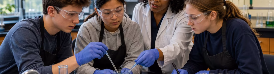 Instructor and three students wearing safety goggles and gloves work on a blue liquid experiment at a lab bench.