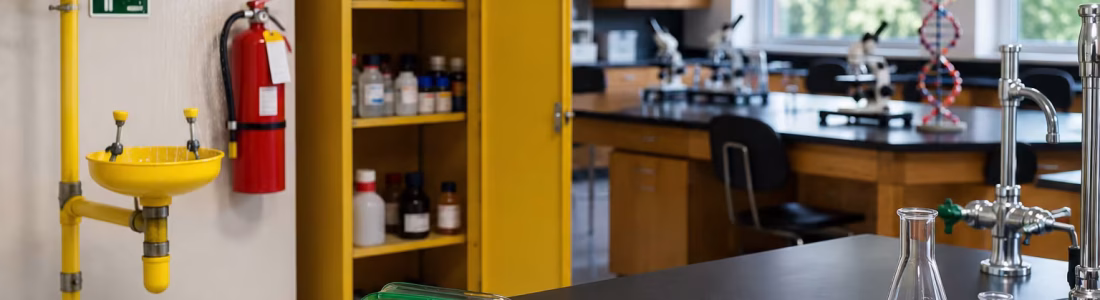 Laboratory bench with safety gear: yellow eyewash station, shower, fire extinguisher, goggles on the counter, clipboard and pens, and beakers with blue and red liquids nearby.