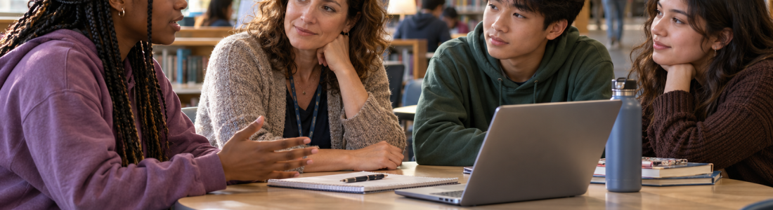 Four students sit around a library table in discussion, with a laptop, notebooks and a water bottle on the table.
