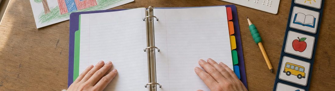 An open plan binder with colored tabs on a table, surrounded by a child's drawing, headphones, a braille card, a pencil grip and a picture schedule, with a parent's and a teacher's hands