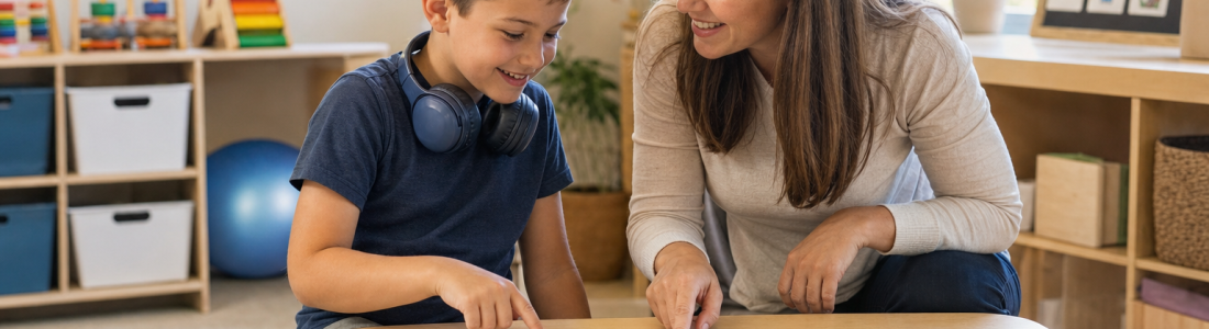 Special education and IEPs news and guides: a teacher kneels beside a young student as they work through his picture schedule together, with headphones and a wobble cushion for support