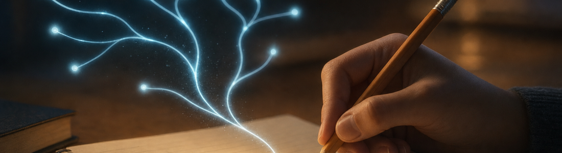 A student draws one glowing path forward in pencil while branching AI suggestions fade above the notebook