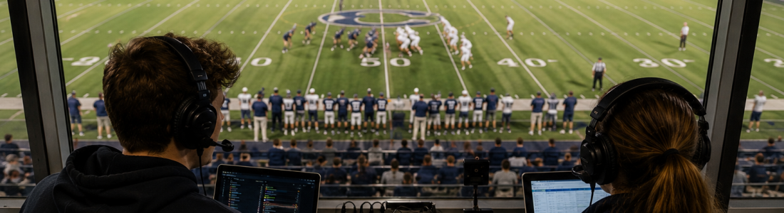 Two sports commentators wearing headsets in a broadcast booth overlook a nighttime football game on a lit field.