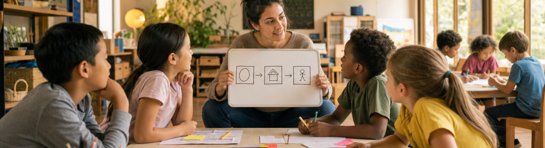 Teaching strategies and lesson planning: a teacher at eye level holds up a simple step-by-step plan as a small group of students lean in with blocks, sticky notes and pencils