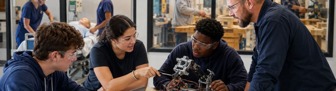 Team of students wearing safety glasses collaborating on a robotic device with a mentor in a workshop setting.